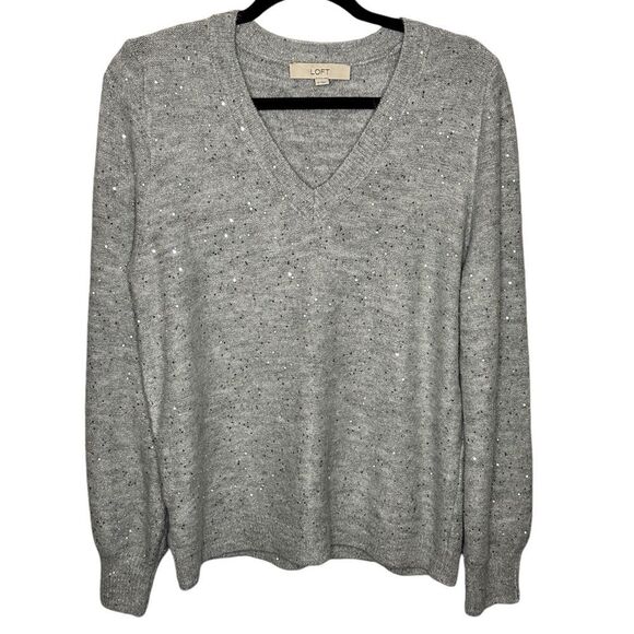 LOFT V Neck Sparkle Silver / Gray Sweater. Size: Medium - Picture 1 of 6